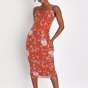 NWT Blossom Rust Brown Floral Knotted Midi Dress